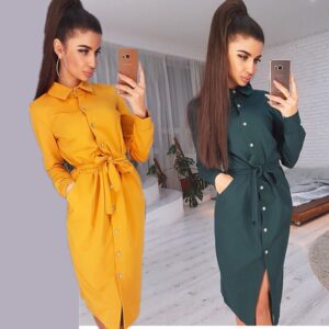 Lady Office Dress Autumn Long Sleeve Shirt Dress Fashion Turn-down Collar Single-breasted Party Dresses Платье  Casual Vestido 1